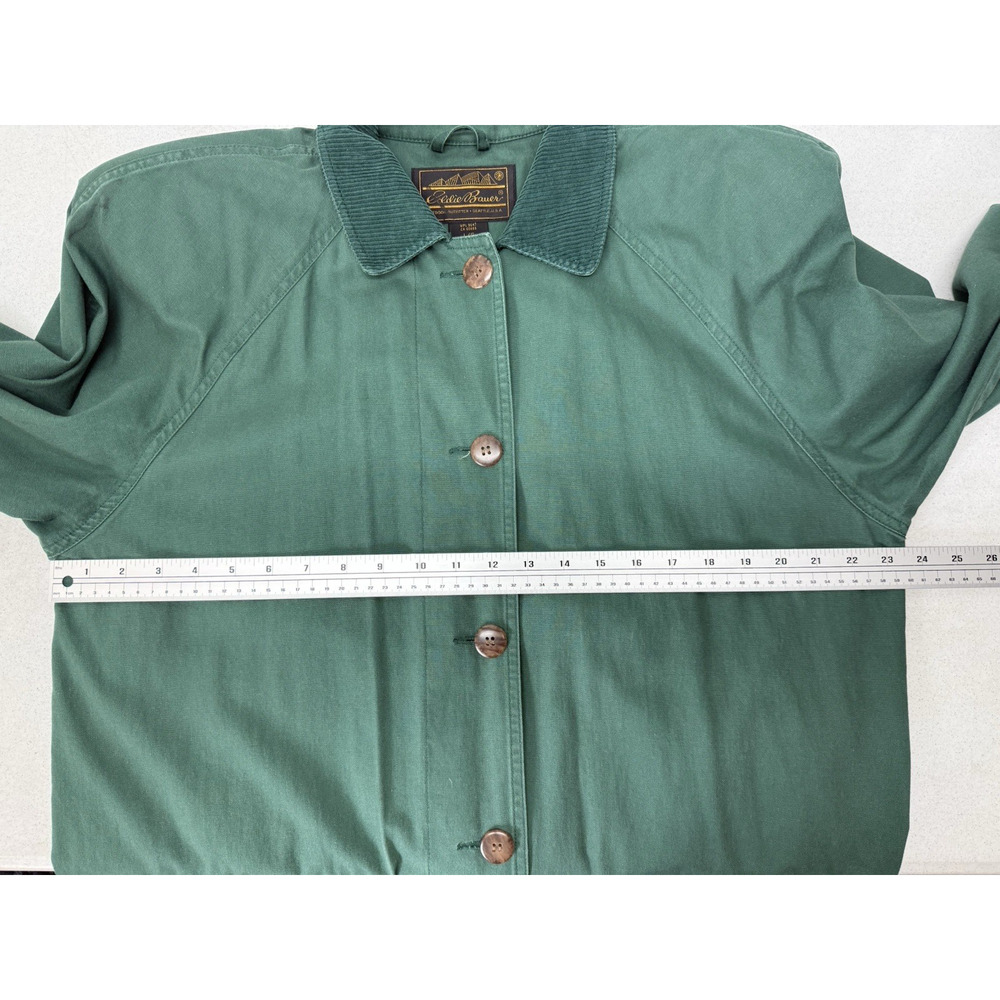 Eddie Bauer Canvas Utility Trench Coat Duster Corduroy Trim Green Womens Large - Picture 8 of 10